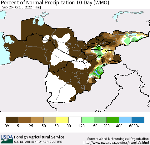Central Asia Percent of Normal Precipitation 10-Day (WMO) Thematic Map For 9/26/2022 - 10/5/2022