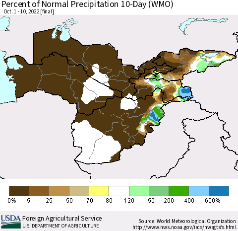 Central Asia Percent of Normal Precipitation 10-Day (WMO) Thematic Map For 10/1/2022 - 10/10/2022