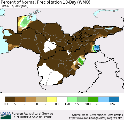 Central Asia Percent of Normal Precipitation 10-Day (WMO) Thematic Map For 10/6/2022 - 10/15/2022