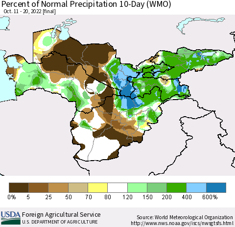 Central Asia Percent of Normal Precipitation 10-Day (WMO) Thematic Map For 10/11/2022 - 10/20/2022
