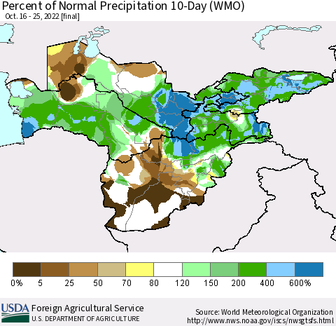 Central Asia Percent of Normal Precipitation 10-Day (WMO) Thematic Map For 10/16/2022 - 10/25/2022