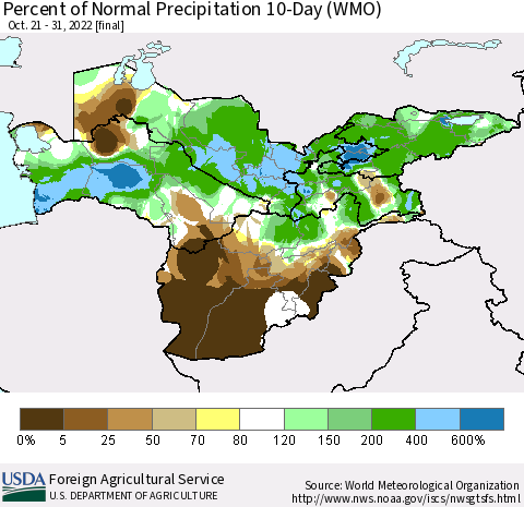 Central Asia Percent of Normal Precipitation 10-Day (WMO) Thematic Map For 10/21/2022 - 10/31/2022