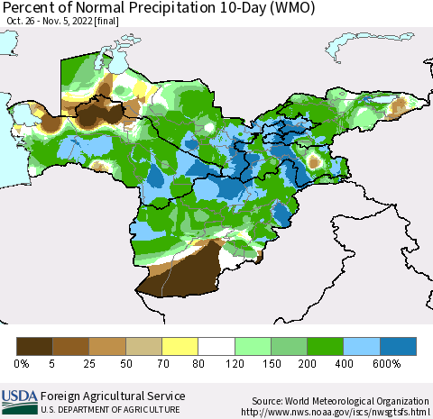 Central Asia Percent of Normal Precipitation 10-Day (WMO) Thematic Map For 10/26/2022 - 11/5/2022