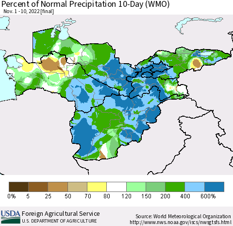 Central Asia Percent of Normal Precipitation 10-Day (WMO) Thematic Map For 11/1/2022 - 11/10/2022