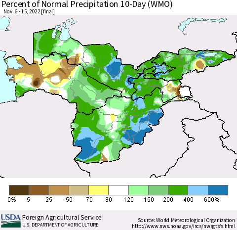 Central Asia Percent of Normal Precipitation 10-Day (WMO) Thematic Map For 11/6/2022 - 11/15/2022