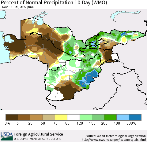 Central Asia Percent of Normal Precipitation 10-Day (WMO) Thematic Map For 11/11/2022 - 11/20/2022