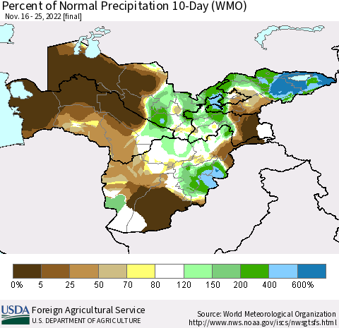 Central Asia Percent of Normal Precipitation 10-Day (WMO) Thematic Map For 11/16/2022 - 11/25/2022