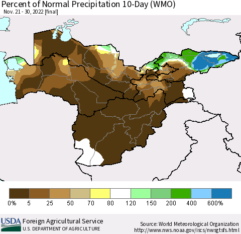 Central Asia Percent of Normal Precipitation 10-Day (WMO) Thematic Map For 11/21/2022 - 11/30/2022