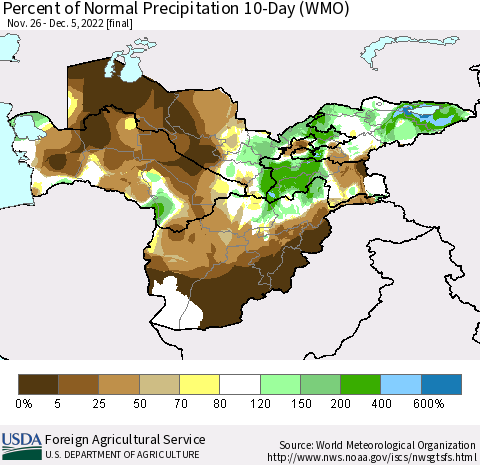 Central Asia Percent of Normal Precipitation 10-Day (WMO) Thematic Map For 11/26/2022 - 12/5/2022