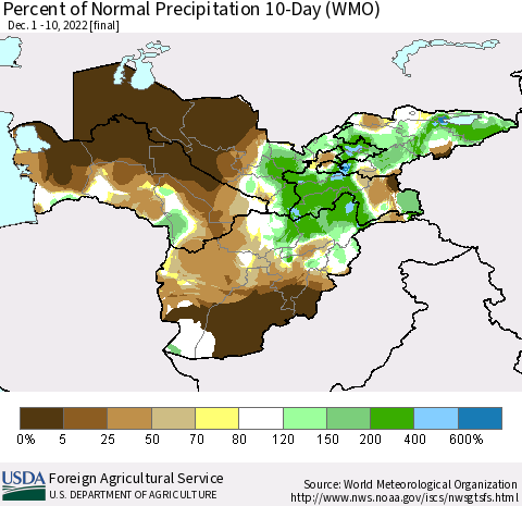 Central Asia Percent of Normal Precipitation 10-Day (WMO) Thematic Map For 12/1/2022 - 12/10/2022