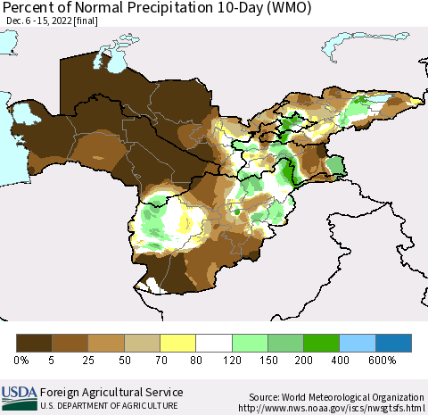 Central Asia Percent of Normal Precipitation 10-Day (WMO) Thematic Map For 12/6/2022 - 12/15/2022