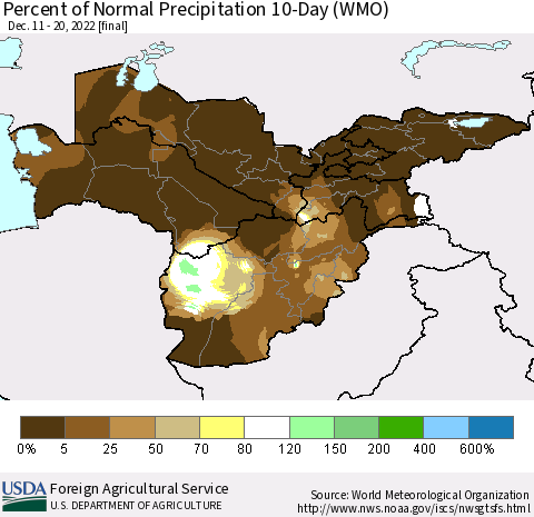 Central Asia Percent of Normal Precipitation 10-Day (WMO) Thematic Map For 12/11/2022 - 12/20/2022