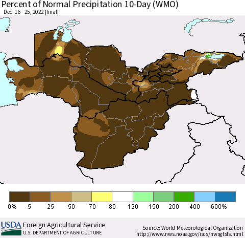 Central Asia Percent of Normal Precipitation 10-Day (WMO) Thematic Map For 12/16/2022 - 12/25/2022