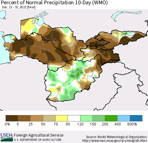 Central Asia Percent of Normal Precipitation 10-Day (WMO) Thematic Map For 12/21/2022 - 12/31/2022