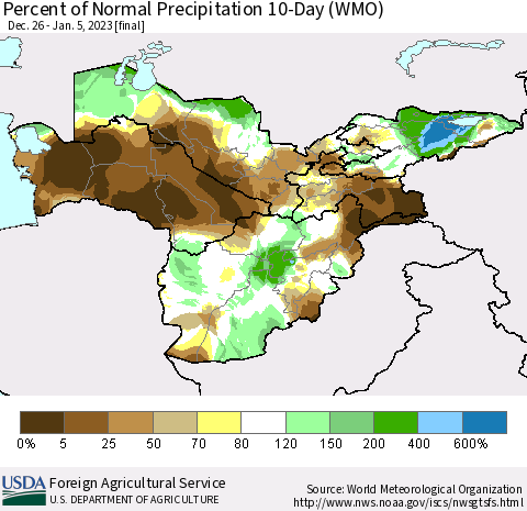 Central Asia Percent of Normal Precipitation 10-Day (WMO) Thematic Map For 12/26/2022 - 1/5/2023