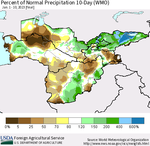 Central Asia Percent of Normal Precipitation 10-Day (WMO) Thematic Map For 1/1/2023 - 1/10/2023