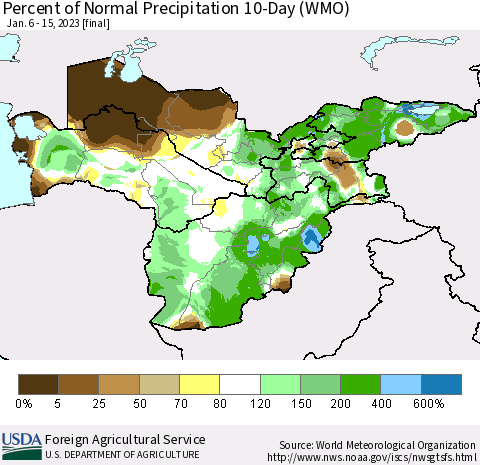 Central Asia Percent of Normal Precipitation 10-Day (WMO) Thematic Map For 1/6/2023 - 1/15/2023