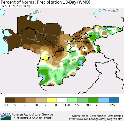 Central Asia Percent of Normal Precipitation 10-Day (WMO) Thematic Map For 1/11/2023 - 1/20/2023