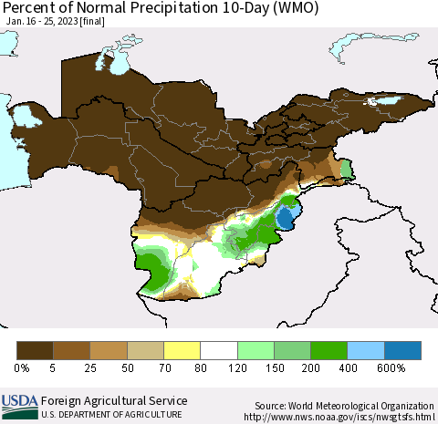 Central Asia Percent of Normal Precipitation 10-Day (WMO) Thematic Map For 1/16/2023 - 1/25/2023
