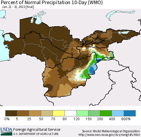 Central Asia Percent of Normal Precipitation 10-Day (WMO) Thematic Map For 1/21/2023 - 1/31/2023