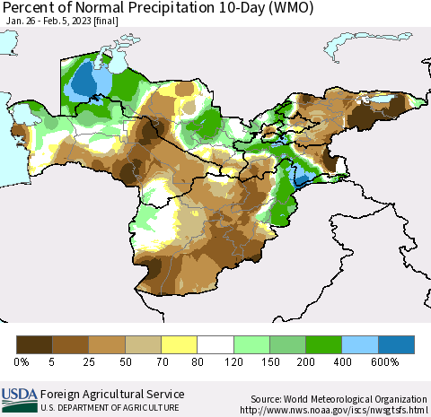 Central Asia Percent of Normal Precipitation 10-Day (WMO) Thematic Map For 1/26/2023 - 2/5/2023