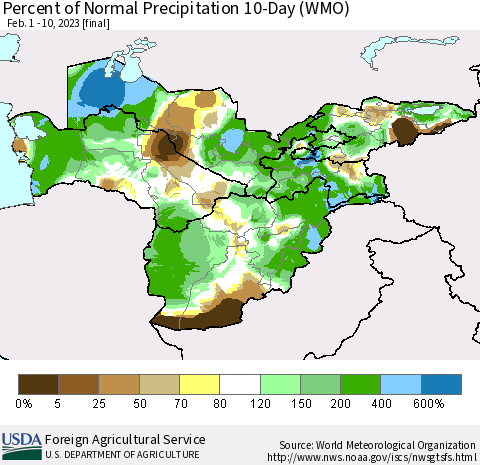 Central Asia Percent of Normal Precipitation 10-Day (WMO) Thematic Map For 2/1/2023 - 2/10/2023