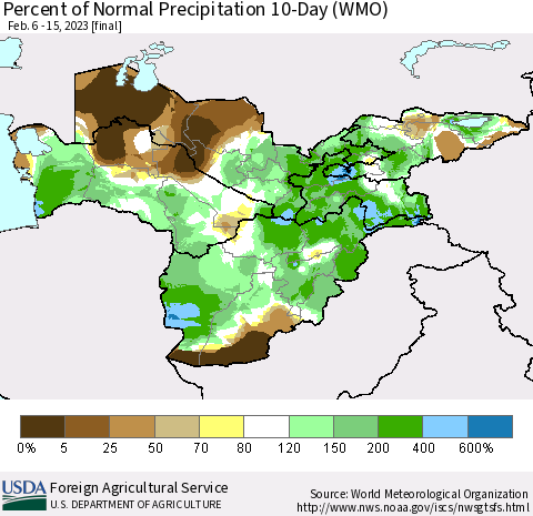 Central Asia Percent of Normal Precipitation 10-Day (WMO) Thematic Map For 2/6/2023 - 2/15/2023