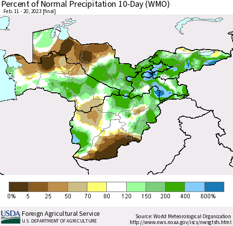 Central Asia Percent of Normal Precipitation 10-Day (WMO) Thematic Map For 2/11/2023 - 2/20/2023