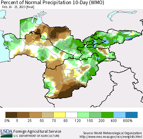 Central Asia Percent of Normal Precipitation 10-Day (WMO) Thematic Map For 2/16/2023 - 2/25/2023