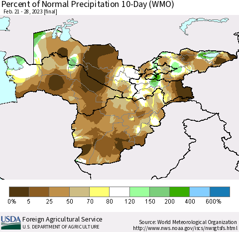 Central Asia Percent of Normal Precipitation 10-Day (WMO) Thematic Map For 2/21/2023 - 2/28/2023
