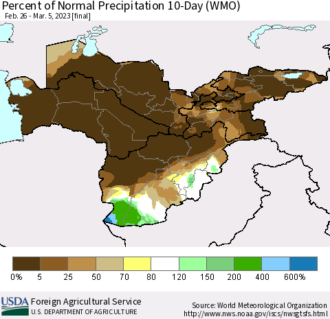 Central Asia Percent of Normal Precipitation 10-Day (WMO) Thematic Map For 2/26/2023 - 3/5/2023