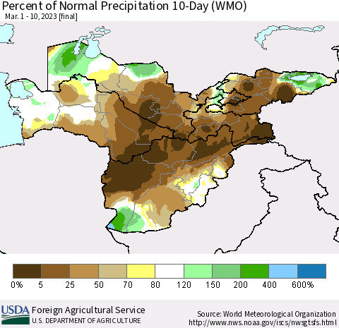 Central Asia Percent of Normal Precipitation 10-Day (WMO) Thematic Map For 3/1/2023 - 3/10/2023