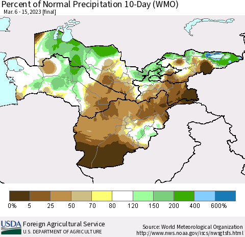 Central Asia Percent of Normal Precipitation 10-Day (WMO) Thematic Map For 3/6/2023 - 3/15/2023