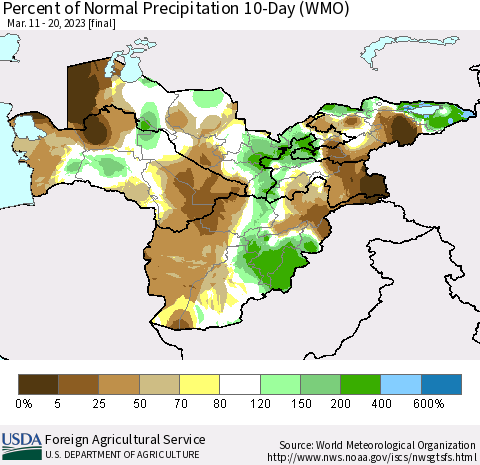 Central Asia Percent of Normal Precipitation 10-Day (WMO) Thematic Map For 3/11/2023 - 3/20/2023