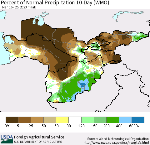 Central Asia Percent of Normal Precipitation 10-Day (WMO) Thematic Map For 3/16/2023 - 3/25/2023