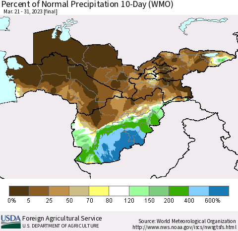 Central Asia Percent of Normal Precipitation 10-Day (WMO) Thematic Map For 3/21/2023 - 3/31/2023