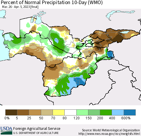 Central Asia Percent of Normal Precipitation 10-Day (WMO) Thematic Map For 3/26/2023 - 4/5/2023