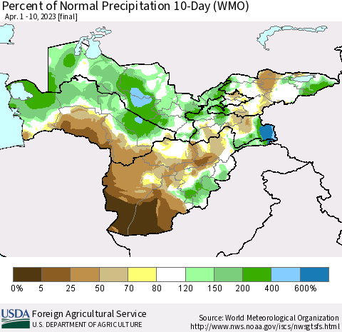 Central Asia Percent of Normal Precipitation 10-Day (WMO) Thematic Map For 4/1/2023 - 4/10/2023