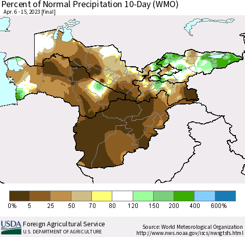 Central Asia Percent of Normal Precipitation 10-Day (WMO) Thematic Map For 4/6/2023 - 4/15/2023