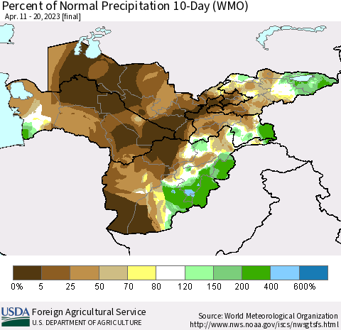 Central Asia Percent of Normal Precipitation 10-Day (WMO) Thematic Map For 4/11/2023 - 4/20/2023