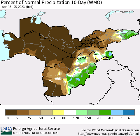 Central Asia Percent of Normal Precipitation 10-Day (WMO) Thematic Map For 4/16/2023 - 4/25/2023