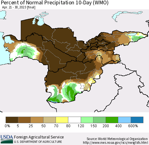 Central Asia Percent of Normal Precipitation 10-Day (WMO) Thematic Map For 4/21/2023 - 4/30/2023