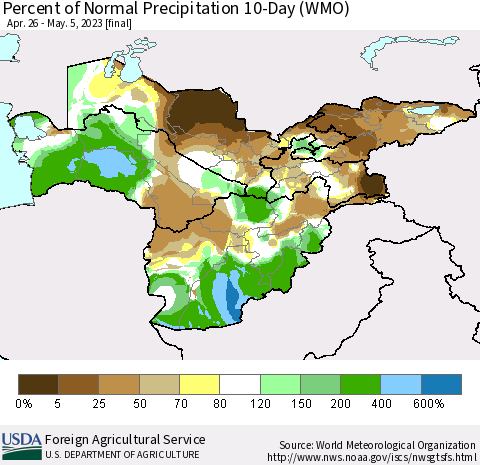 Central Asia Percent of Normal Precipitation 10-Day (WMO) Thematic Map For 4/26/2023 - 5/5/2023