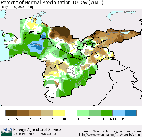 Central Asia Percent of Normal Precipitation 10-Day (WMO) Thematic Map For 5/1/2023 - 5/10/2023