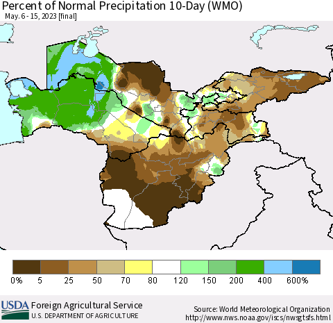 Central Asia Percent of Normal Precipitation 10-Day (WMO) Thematic Map For 5/6/2023 - 5/15/2023