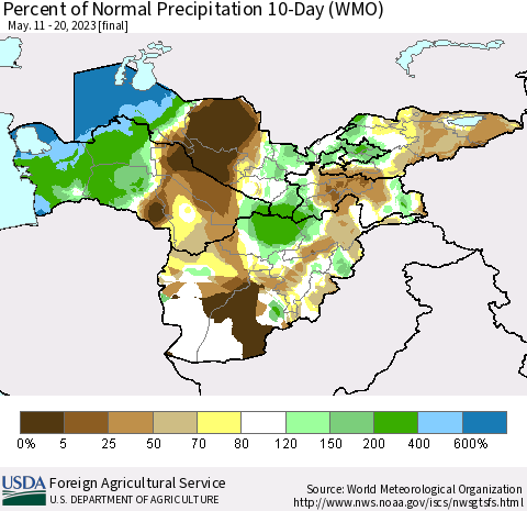 Central Asia Percent of Normal Precipitation 10-Day (WMO) Thematic Map For 5/11/2023 - 5/20/2023