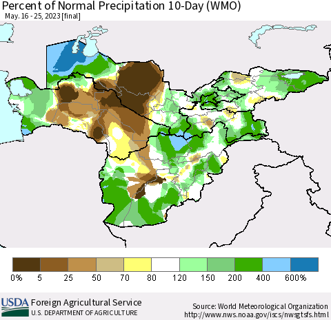 Central Asia Percent of Normal Precipitation 10-Day (WMO) Thematic Map For 5/16/2023 - 5/25/2023