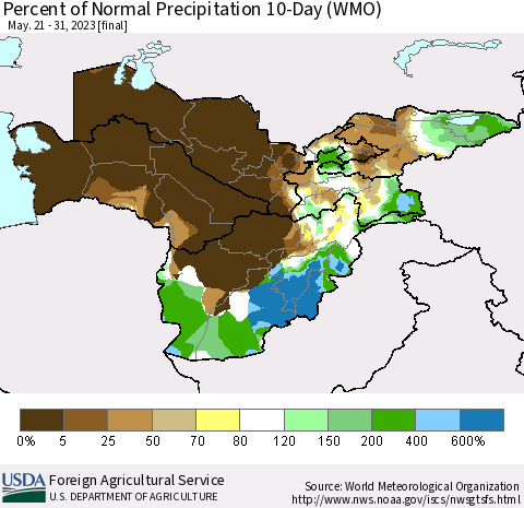 Central Asia Percent of Normal Precipitation 10-Day (WMO) Thematic Map For 5/21/2023 - 5/31/2023