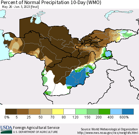 Central Asia Percent of Normal Precipitation 10-Day (WMO) Thematic Map For 5/26/2023 - 6/5/2023