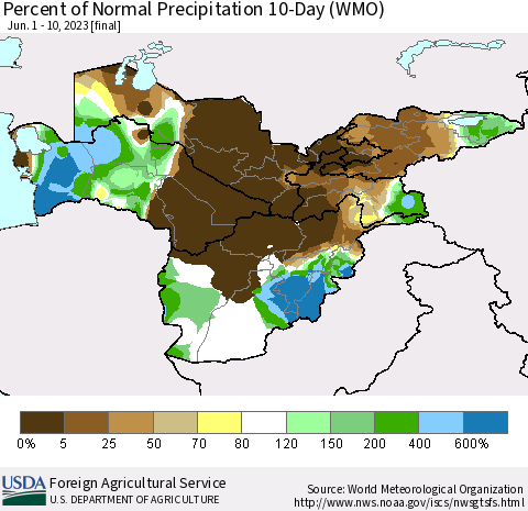 Central Asia Percent of Normal Precipitation 10-Day (WMO) Thematic Map For 6/1/2023 - 6/10/2023